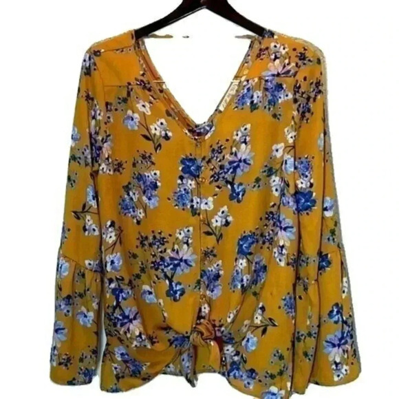 Pink Rose Yellow Blue Beautiful Print Tie Front Top Blouse Size Large - Picture 1 of 7